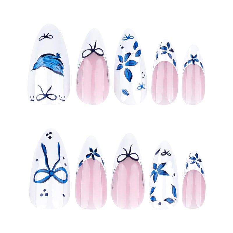 OSTTMA 24Pcs French Press on Nails Medium Almond Fake Nails Blue Flower Bow Nail Art Designs Floral Acrylic Nails Full Cover Flowers False Nail Tips Reusable Glue on Nails for Women Manicure Decoration - Image 3